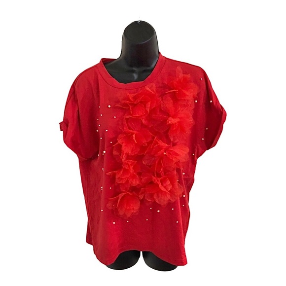 Red pearl adorned 3d floral embellished short sleeve shirt top  size XL new - Picture 7 of 12